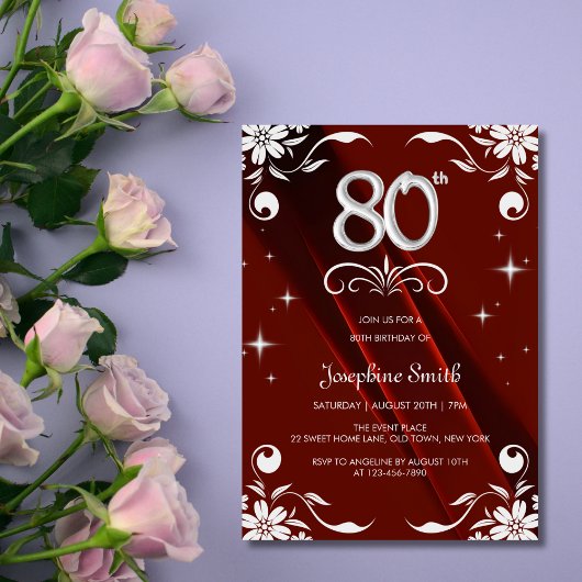 Invitation Chic Argent Cadre Floral Bourgogne 80e anniversair
