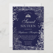 Invitation Chic argent floral marine bleu Tiara chic Sweet 16 (Devant)