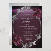 Invitation Chic Argent Frame Bourgogne Fiançailles Rose (Devant / Derrière)