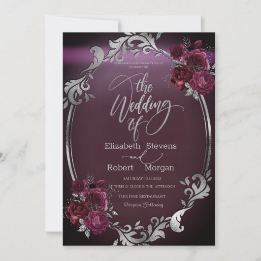 Invitation Chic Argent Frame Bourgogne Mariage Rose (Devant)