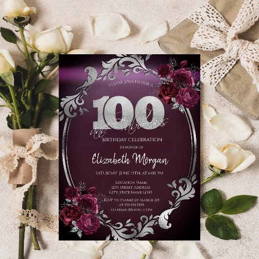 Invitation Chic Argent Frame Bourgogne Roses 100e anniversair