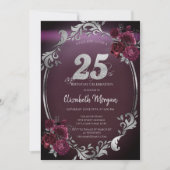 Invitation Chic Argent Frame Bourgogne Roses 25e anniversaire (Devant)