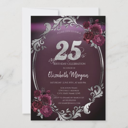 Invitation Chic Argent Frame Bourgogne Roses 25e anniversaire (Devant)