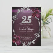 Invitation Chic Argent Frame Bourgogne Roses 25e anniversaire (Debout devant)