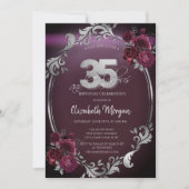 Invitation Chic Argent Frame Bourgogne Roses 35e anniversaire (Devant)