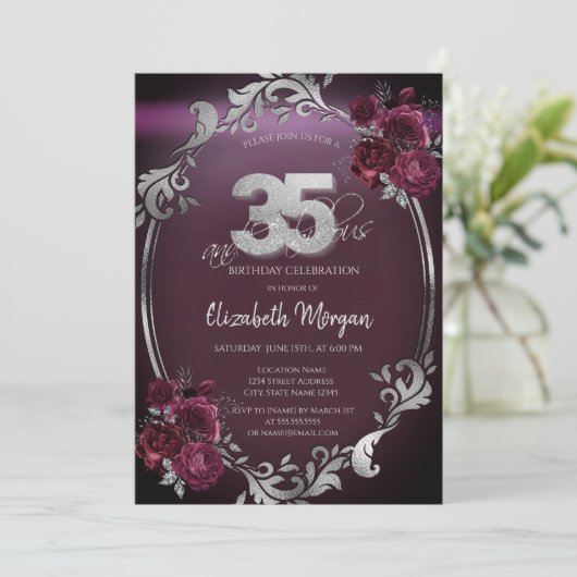 Invitation Chic Argent Frame Bourgogne Roses 35e anniversaire (Debout devant)