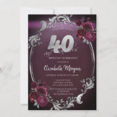 Invitation Chic Argent Frame Bourgogne Roses 40e anniversaire (Devant)