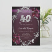 Invitation Chic Argent Frame Bourgogne Roses 40e anniversaire (Debout devant)