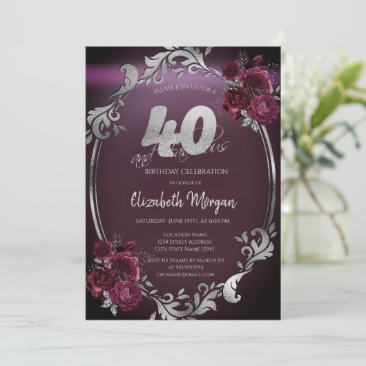 Invitation Chic Argent Frame Bourgogne Roses 40e anniversaire (Debout devant)