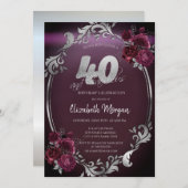 Invitation Chic Argent Frame Bourgogne Roses 40e anniversaire (Devant / Derrière)