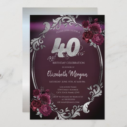 Invitation Chic Argent Frame Bourgogne Roses 40e anniversaire (Devant / Derrière)