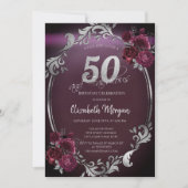 Invitation Chic Argent Frame Bourgogne Roses 50e anniversaire (Devant)