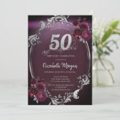 Invitation Chic Argent Frame Bourgogne Roses 50e anniversaire (Debout devant)