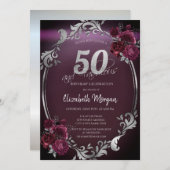 Invitation Chic Argent Frame Bourgogne Roses 50e anniversaire (Devant / Derrière)