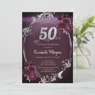 Invitation Chic Argent Frame Bourgogne Roses 50e anniversaire