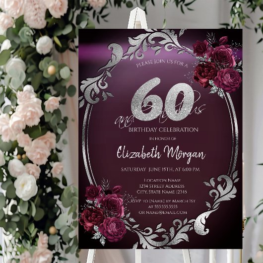 Invitation Chic Argent Frame Bourgogne Roses 60e anniversaire
