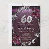 Invitation Chic Argent Frame Bourgogne Roses 60e anniversaire (Devant)