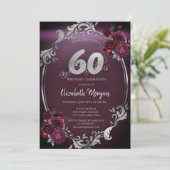 Invitation Chic Argent Frame Bourgogne Roses 60e anniversaire (Debout devant)