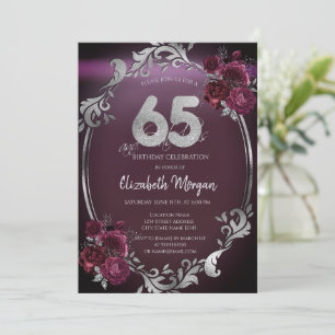 Invitation Chic Argent Frame Bourgogne Roses 65e anniversaire