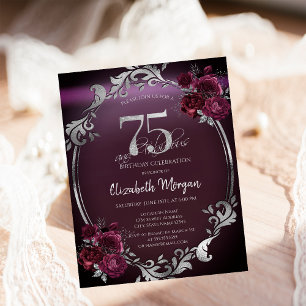 Invitation Chic Argent Frame Bourgogne Roses 75e anniversaire