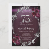 Invitation Chic Argent Frame Bourgogne Roses 75e anniversaire (Devant)