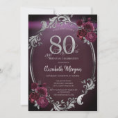 Invitation Chic Argent Frame Bourgogne Roses 80e anniversaire (Devant)