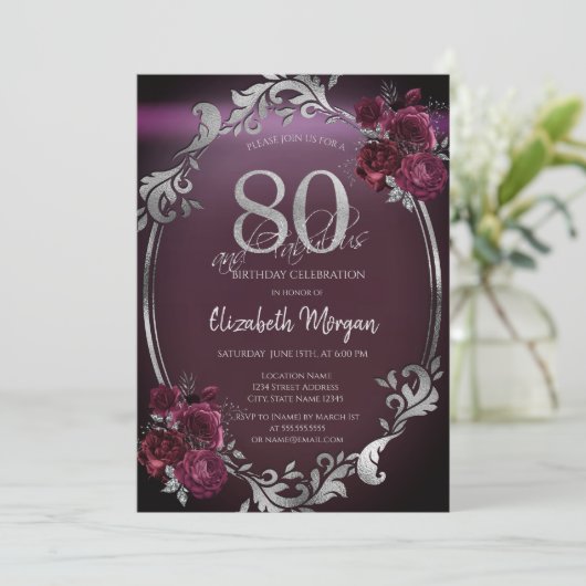 Invitation Chic Argent Frame Bourgogne Roses 80e anniversaire (Debout devant)