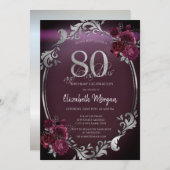 Invitation Chic Argent Frame Bourgogne Roses 80e anniversaire (Devant / Derrière)