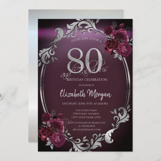 Invitation Chic Argent Frame Bourgogne Roses 80e anniversaire (Devant / Derrière)