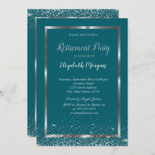 Invitation Chic Argent Frame Confetti Green Retirement (Devant / Derrière)