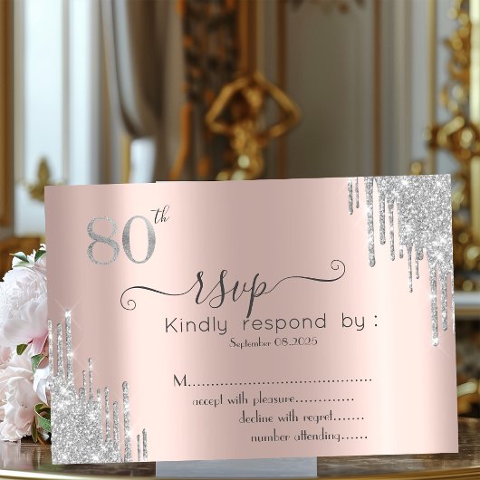 Invitation  Chic Argent Paillette Drip Rose Or 80ème RSVP 
