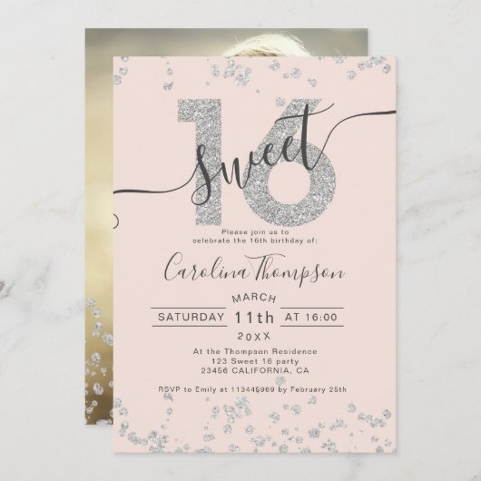 Invitation Chic argent parties scintillant confetti blush Swe (Devant / Derrière)