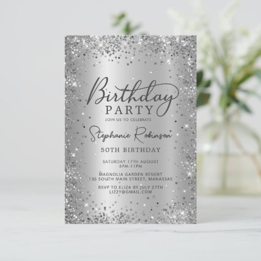 Invitation Chic Argent Parties scintillant métal huile 50e an (Debout devant)