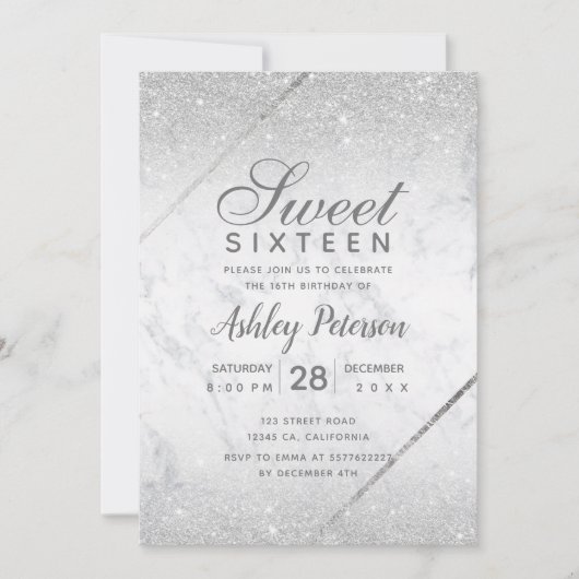 Invitation Chic argent parties scintillant script marbre Swee (Devant)