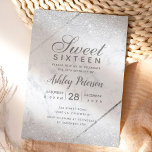 Invitation Chic argent parties scintillant script marbre Swee<br><div class="desc">Typographie or chic rayures géométriques et parties scintillant argent ombre marbre blanc Sweet 16 anniversaire invitation fête. Ajoutez votre photo.</div>
