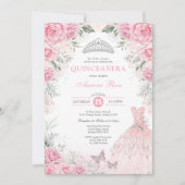 Invitation Chic Argent rose Floral Quinceañera Princesse robe (Devant)