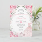 Invitation Chic Argent rose Floral Quinceañera Princesse robe (Debout devant)
