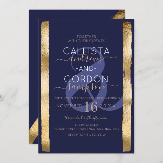 Invitation Chic Artsy Marine Gold Brushstroke Frame Mariage (Devant / Derrière)