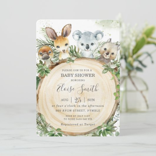Invitation Chic Australian Animals Baby shower de verdure en  (Debout devant)