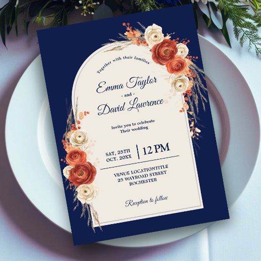 Invitation Chic automne orange terre cuite marine mariage