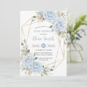 Invitation Chic Baby Blue Floral Boy Baby shower QR Code (Debout devant)