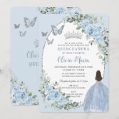 Invitation Chic Baby Blue Floral Princesse Silver Quinceañera (Devant / Derrière)