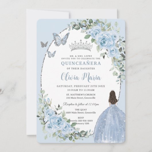 Invitation Chic Baby Blue Floral Princesse Silver Quinceañera (Devant)