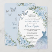 Invitation Chic Baby Blue Floral Robe Argent Quinceañera (Devant / Derrière)