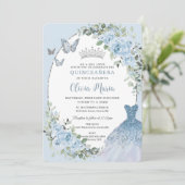 Invitation Chic Baby Blue Floral Robe Argent Quinceañera (Debout devant)