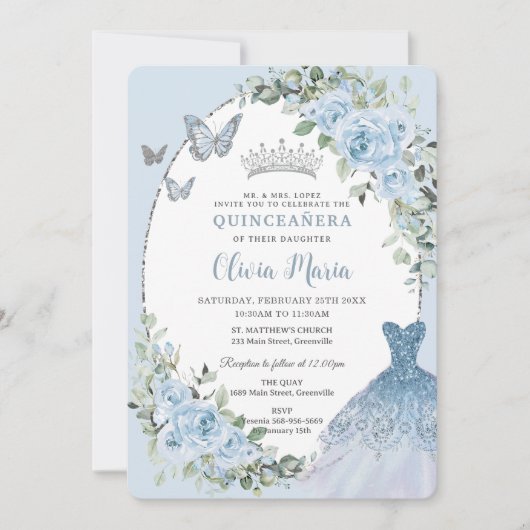 Invitation Chic Baby Blue Floral Robe Argent Quinceañera (Devant)