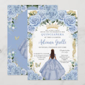 Invitation Chic Baby Blue Flowers Brown Princesse Quinceañera (Devant / Derrière)