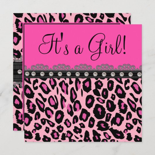 Invitation Chic Baby shower léopard rose chaud (Devant / Derrière)