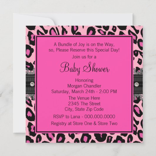 Invitation Chic Baby shower léopard rose chaud (Dos)