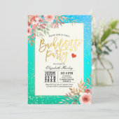 Invitation Chic Bachelorette Party rose Floral Turquoise Gold (Debout devant)